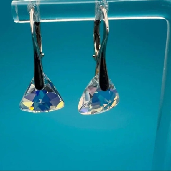 Sterling Silver Triangle Drop Earrings – Swarovski Elements, AB Finish - Picture 1 of 10